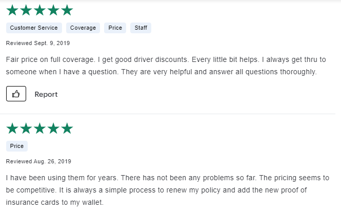 Pair of 5-star customer reviews of 21st Century auto insurance