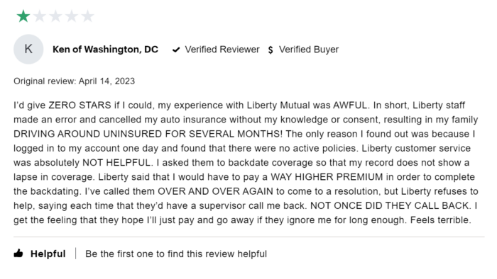 One star review of Liberty Mutual describing cancellation of policy without prior notice