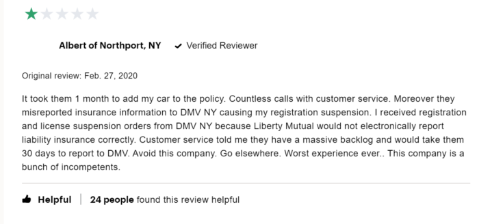 Liberty Mutual 1-star review for customer service