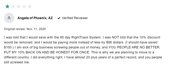 Liberty Mutual 1-star review of RightTrack system