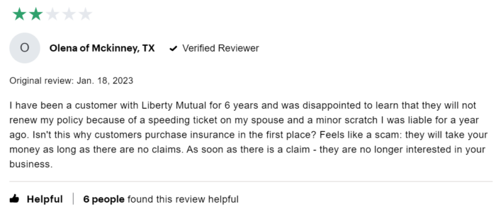 Two star review of Liberty Mutual expressing frustration about nonrenewal