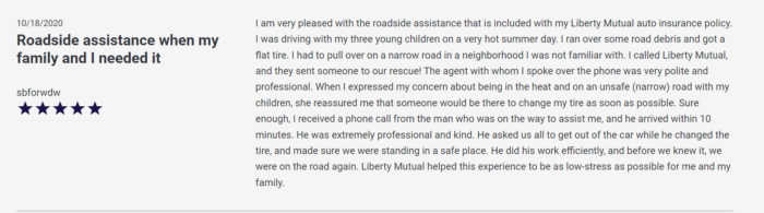 Five star review of Liberty Mutual describing positive experiences with roadside assistance