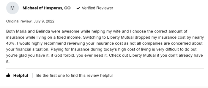 Liberty Mutual review speaking positively about customer service and rates