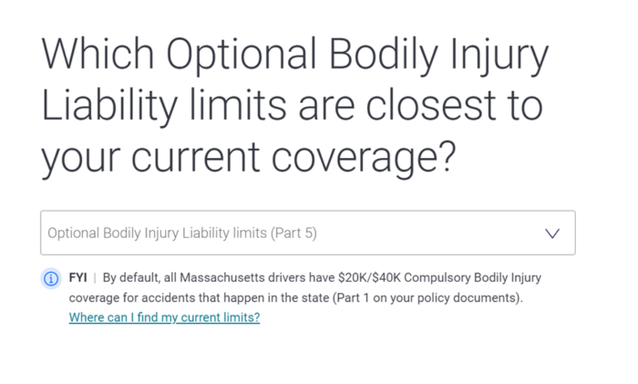 Liberty Mutual coverage limits question during quote experience