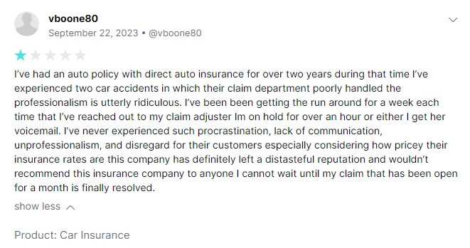 1-star customer review of National General claims process