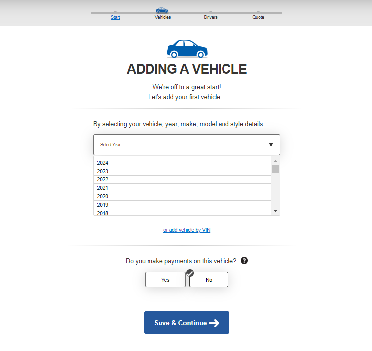National Teneral quote page requesting vehicle information