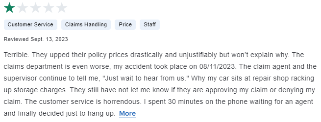 1-star customer review highlighting issues with Plymouth Rock Assurance customer service
