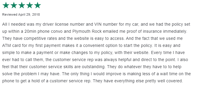 5-star customer review highlighting Plymouth Rock Assurance ease of use and friendly customer service