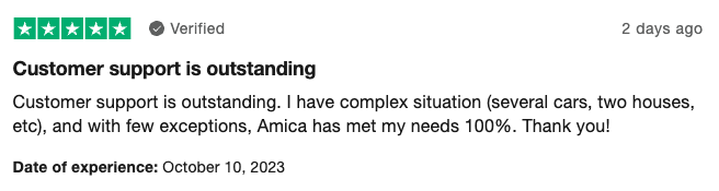 5-star customer review of Amica Insurance