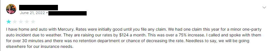1-star customer review of Mercury Insurance claims processing