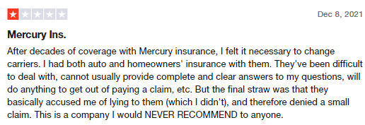 1-star customer review of Mercury Insurance