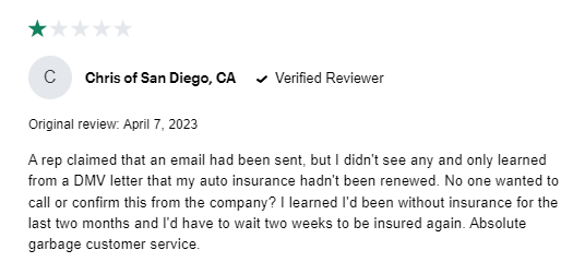 1-star user review of Mercury Insurance customer service