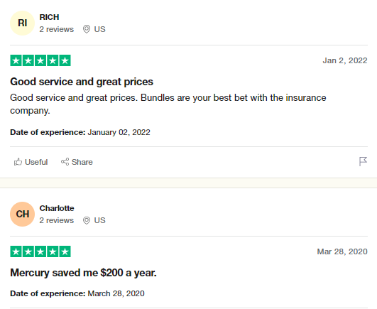 Pair of 5-star customer review of Mercury Insurance