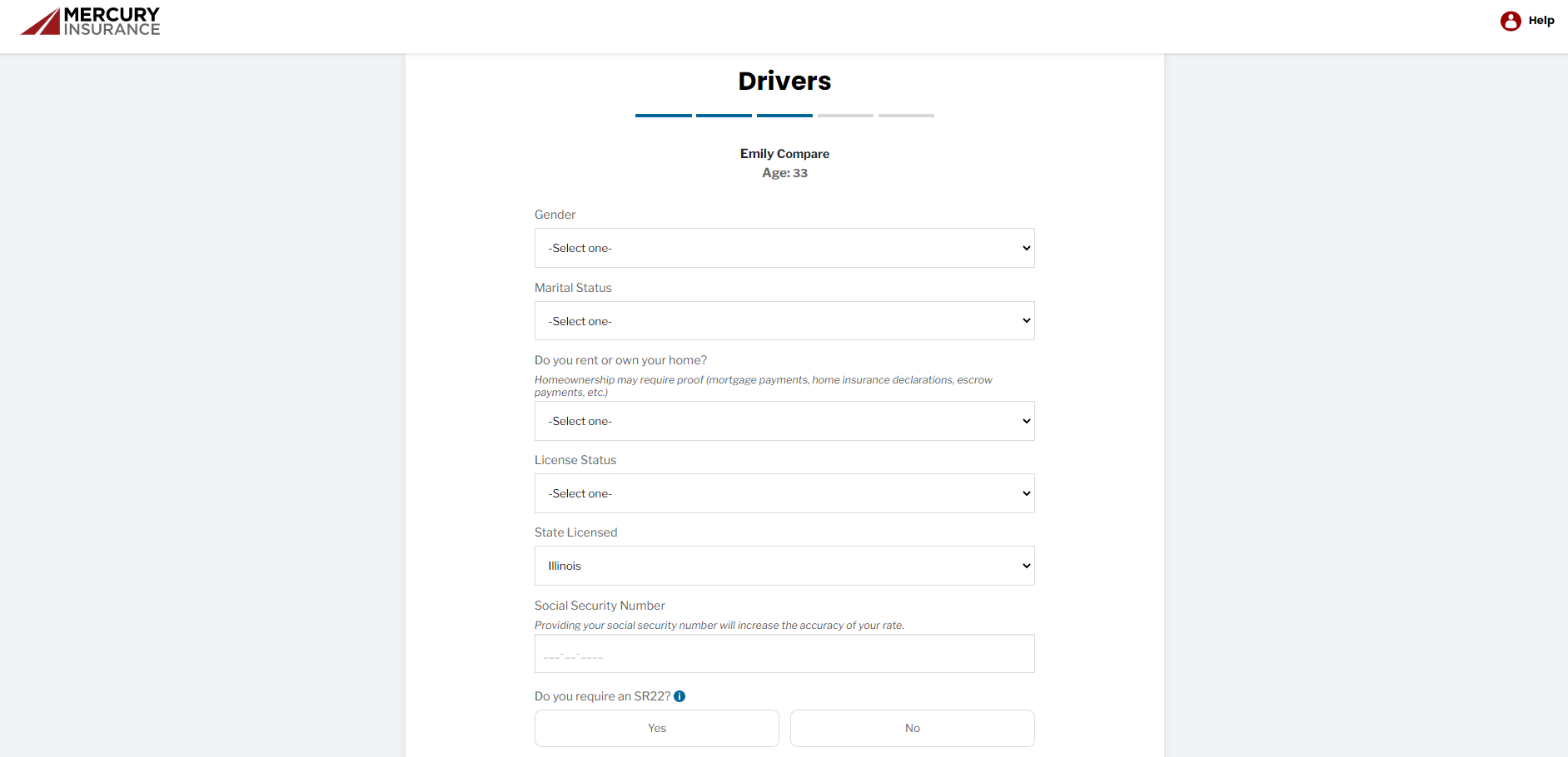 Mercury Insurance quote page requesting additional driver information, such as gender, marital status, housing status, license status, and Social Security number