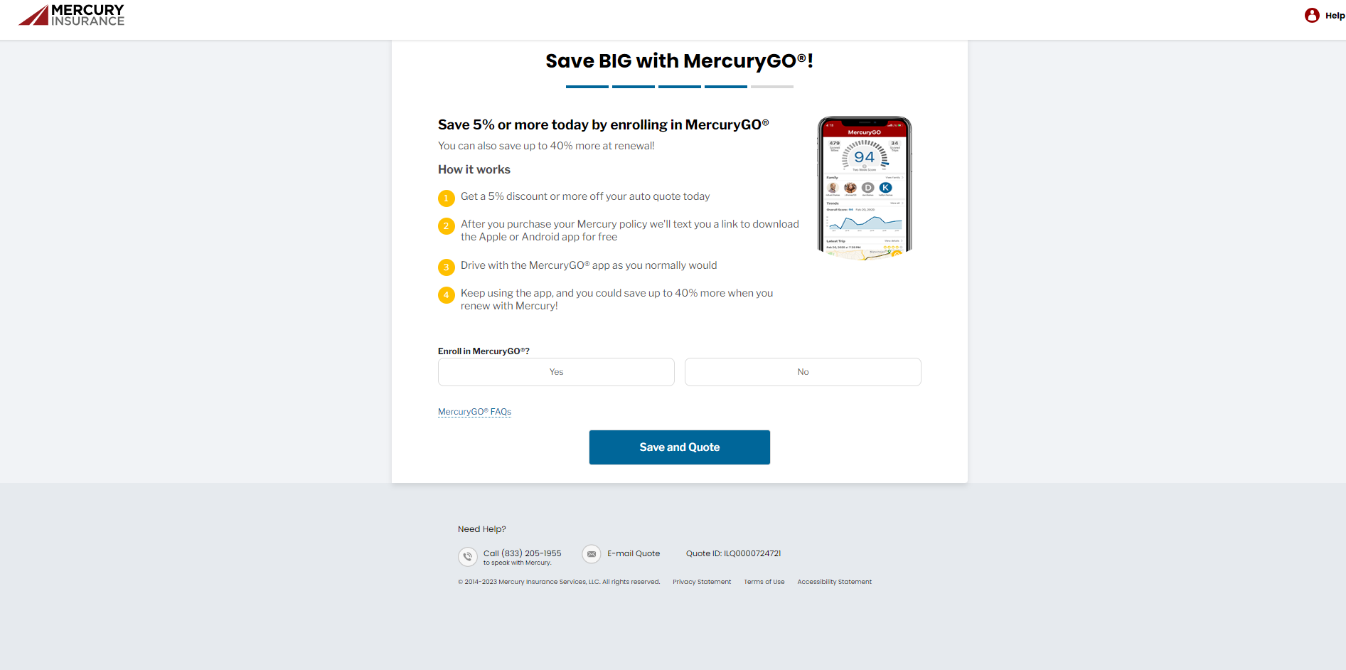 Mercury Insurance page urging driver to sign up for MercuryGO when getting a quote
