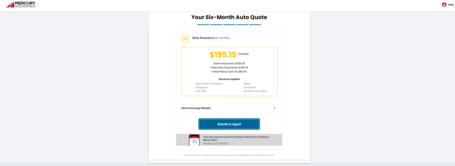 Mercury Insurance quote result page after customizing coverages