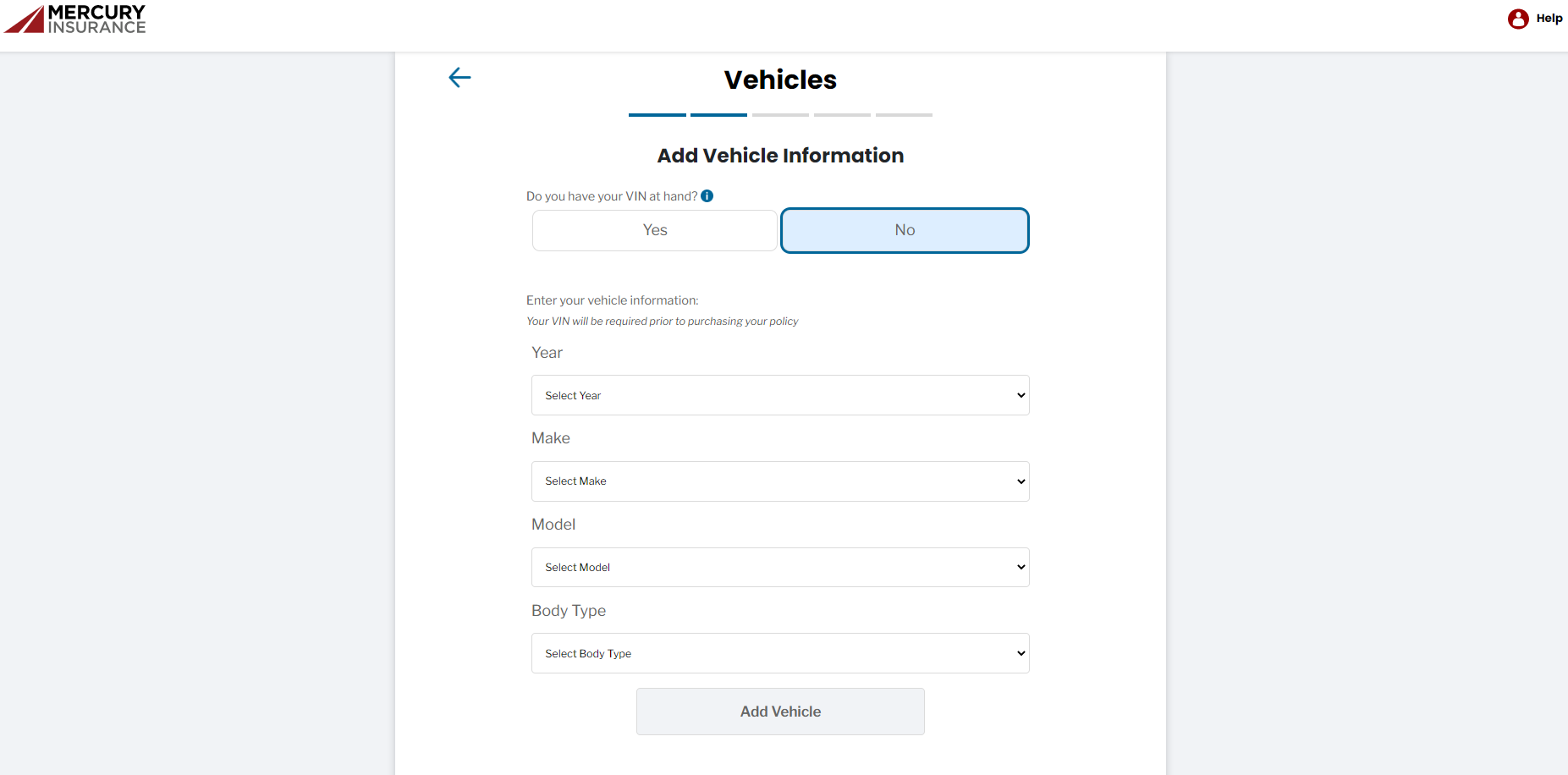 Mercury Insurance quote page requesting vehicle information, including year, make, model, and body type