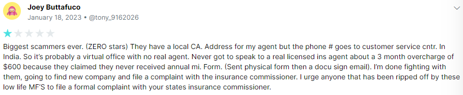 1-star customer review of Bristol West Insurance