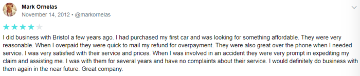4-star customer review of Bristol West Insurance