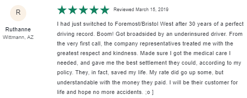 5-star customer review of Bristol West Insurance