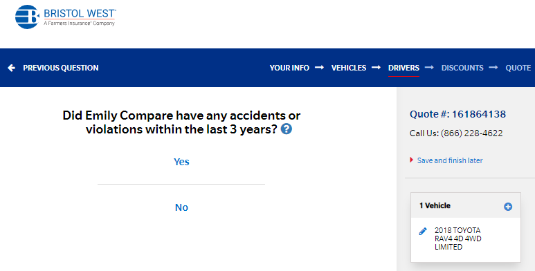 Bristol West quote page asking about recent accidents or violations
