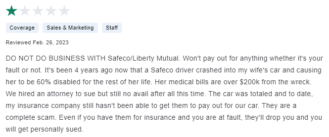 1-star customer review of Safeco