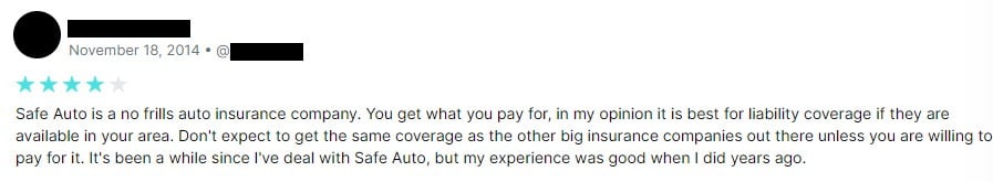 4-star customer review of SafeAuto