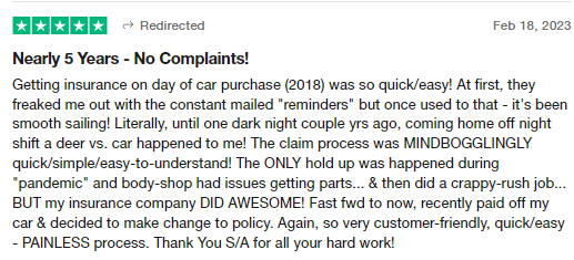 5-star customer review of SafeAuto claims processing