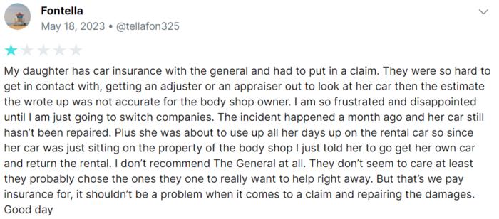 1-star customer review of The General claims process