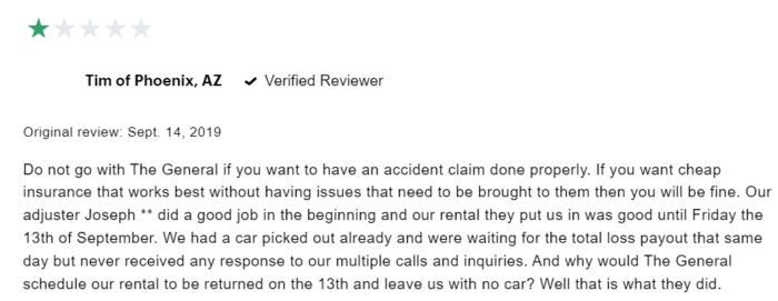 1-star customer review of The General claims process