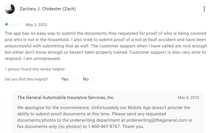 1-star customer review of The General mobile app
