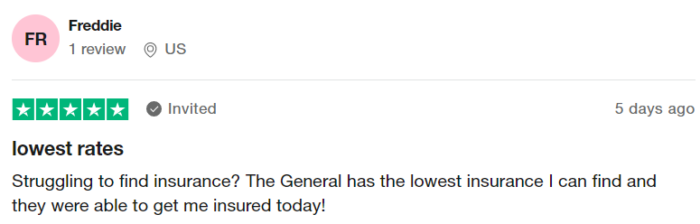 5-star review of The General on TrustPilot