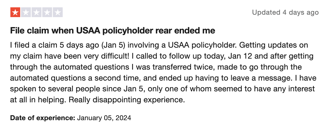 1-star customer review of USAA auto insurance
