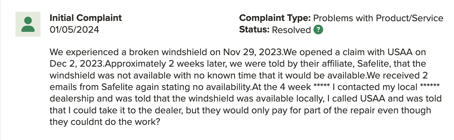 USAA customer complaint with the BBB