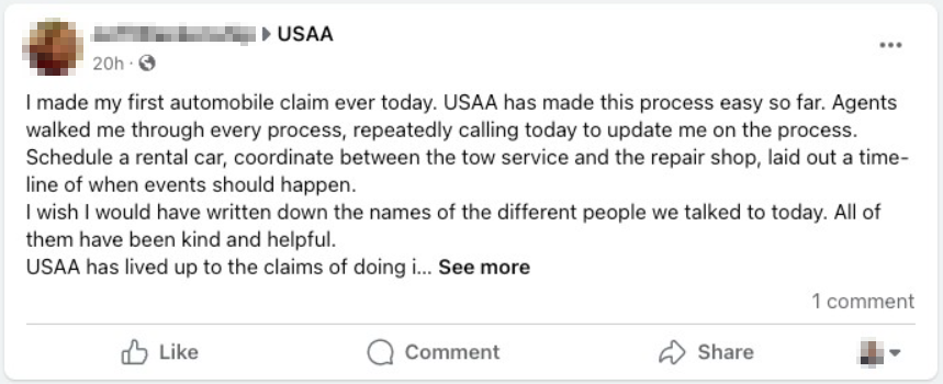 Customer testimonial about USAA on Facebook