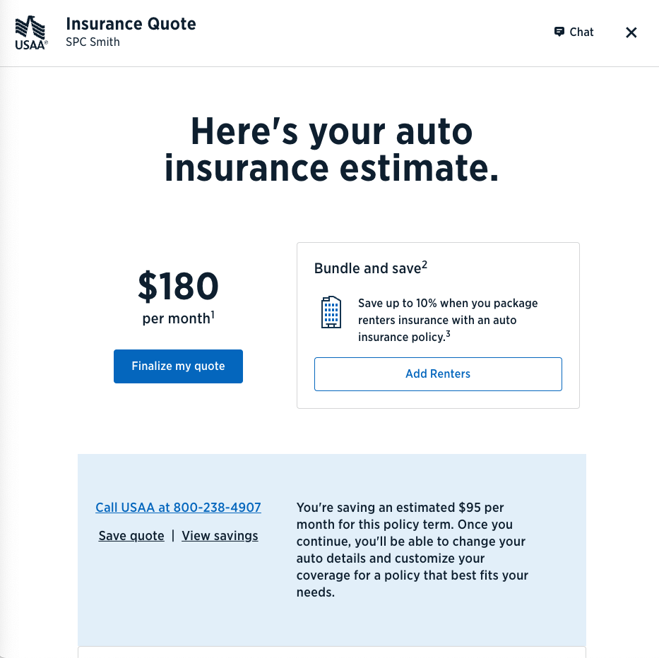 USAA auto insurance quote result for $180 per month