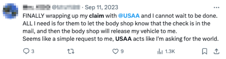 Customer testimonial about USAA on X (Twitter)