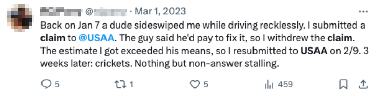 Customer testimonial about USAA on X (formerly Twitter)