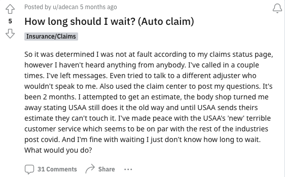Customer testimonial about USAA on Reddit