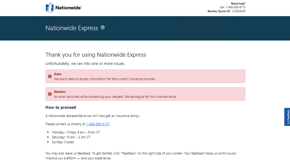 Nationwide quote page showing errors for auto and home policies