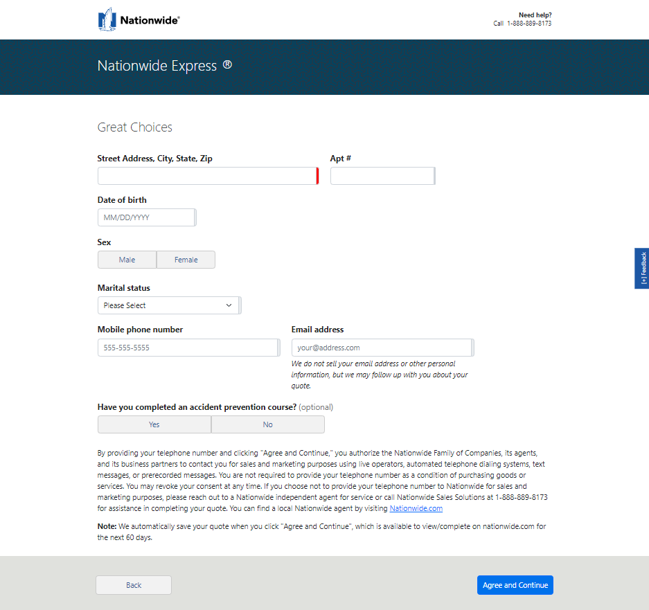 Nationwide quote page asking for personal information