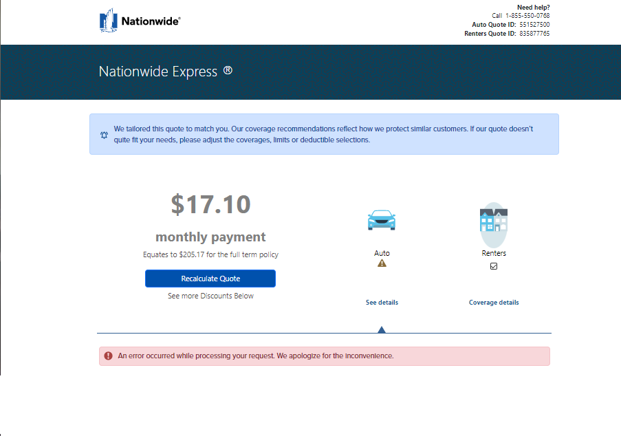 Nationwide quote result page showing only renters quote