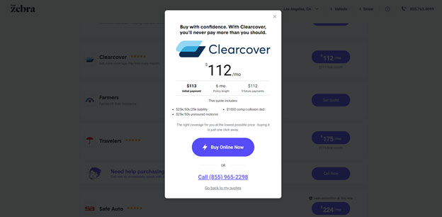 Clearcover result after clicking quote