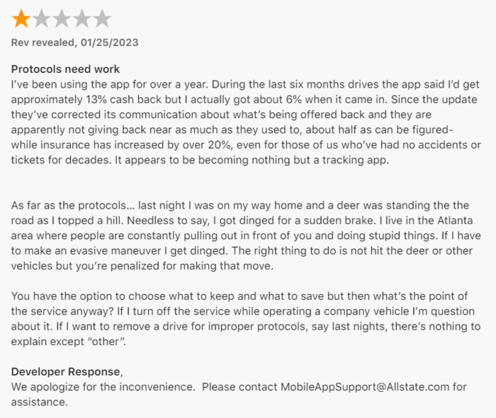 1-star review of Allstate mobile app