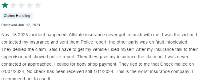 1-star customer review of Allstate's claims handling process