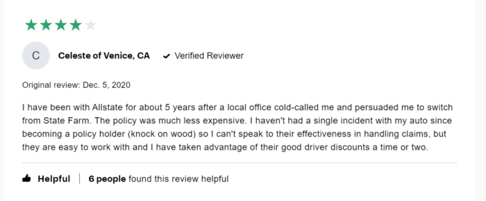 4-star review of Allstate on ConsumerAffairs