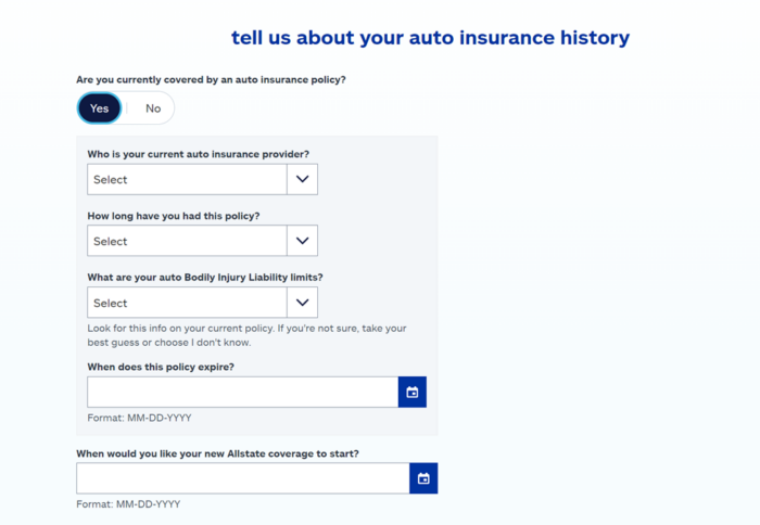 Allstate quote page on insurance history
