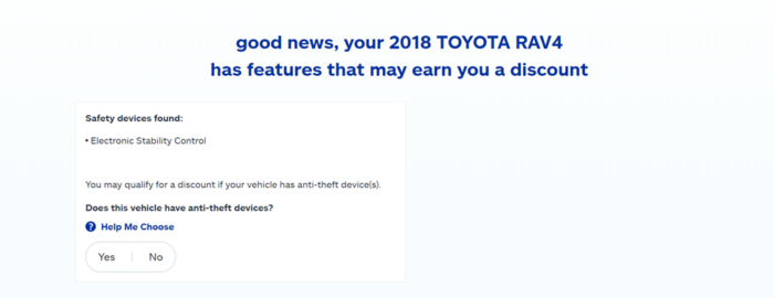 Allstate quote page highlighting vehicle safety discounts