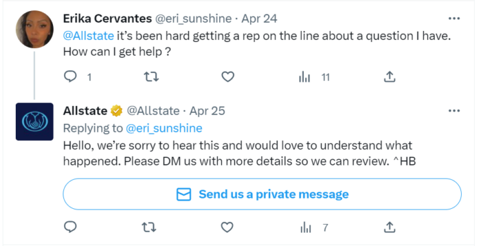 Tweet from Allstate customer asking for customer service help