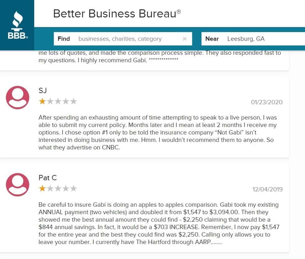 Gabi's one-star reviews on Better Business Bureau